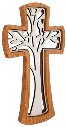 Kaltner Präsente Wandkreuz Holz modern – Kreuz aus Buche mit Baum des Lebens – 20 cm – Echtholz Kruzifix religiöse Deko – Geschenk zur Taufe, Kommunion, Firmung, Weihnachten