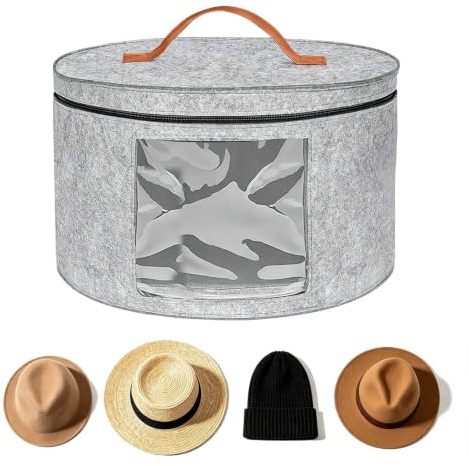 Hutschachtel Rund mit Deckel, 43cm Hut Aufbewahrungsbox Faltbar aus Filz | Hutschachtel Rund mit Transparentem Fenster und Ledergriff, Hutbox für Reise Schrank, Light Gray