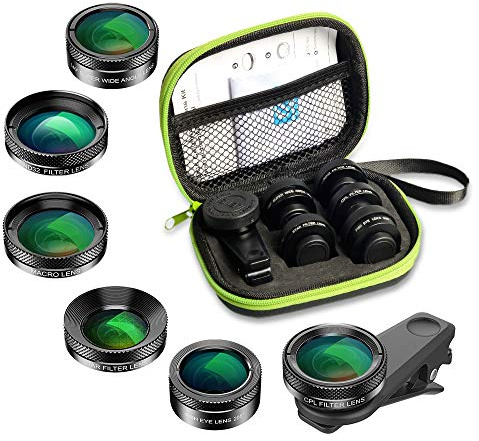 APEXEL 6 in 1 Handy-Objektiv-Kit, Super 205 ° Fischaugenobjektiv + 140 ° Weitwinkelobjektiv und 25x Makroobjektiv + Sternfilter + CPL/ND für iPhone Samsung und die meisten Smartphones Black