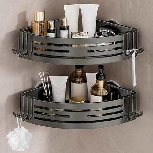 Lekesky Duschablage Ohne Bohren Ecke, Starke Saugnäpfe, Aluminium & Rostfrei, Abnehmbar Badezimmer Regal Duschregal für Bad Küche Mietwohnung (2er Set, Gunmetal Grau)