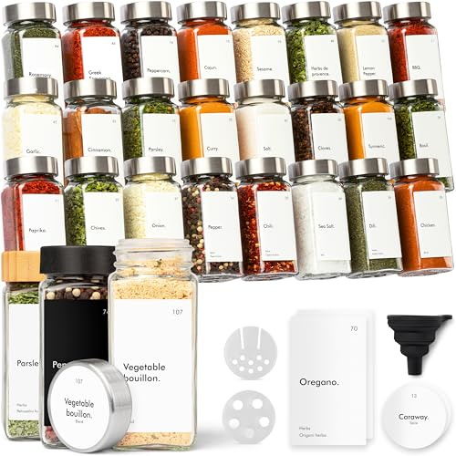 KIVY Gewürzgläser mit Streueinsatz - 24x 120ml + 240 Etiketten - Luftdicht | Gewürzstreuer Glas mit Etiketten - Gewürzdosen Set - Gewürzbehälter - Gewürzgläser Set- Gewürz Aufbewahrung- Edelstahl