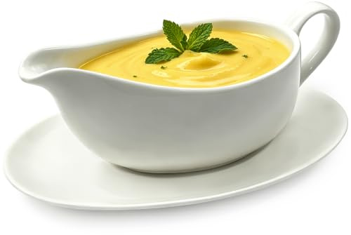 Cheardia Sauciere mit Tablett, 400 ml, weiße Keramik-Sauciere mit ergonomischem Griff und großem tropffreiem Lippenauslauf für Salatdressings, Sahne, Brühe, schwarzer Pfeffer