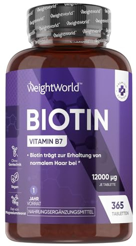 Biotin Tabletten - 12.000mcg je Portion - 365 vegane Tabletten - Biotin trägt zur Erhaltung normaler Haut und normaler Haare bei (Laut EFSA) - 1 Jahr Vorrat - Bekannt als Vitamin B7 - WeightWorld