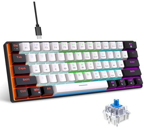 Snpurdiri 60% kabelgebundene mechanische Gaming-Tastatur, 61 Anti-Ghosting-Tasten, RGB-Hintergrundbeleuchtung, ultrakompakte Blaue Schalter, Zwei Ständer, schwarz-weiß