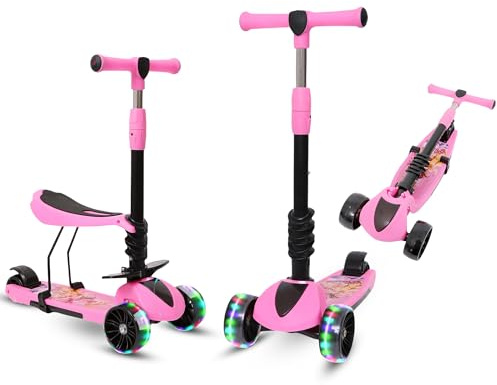 Habib Kinderroller ab 3 Jahre mit Sitz und Fußstützen, 3in1 klappbar, LED | Lenker 65/68/71/74 cm, 50 kg stehend / 20 kg mit Sitz, nur 2,1 kg, klappbar 65 x 13 cm