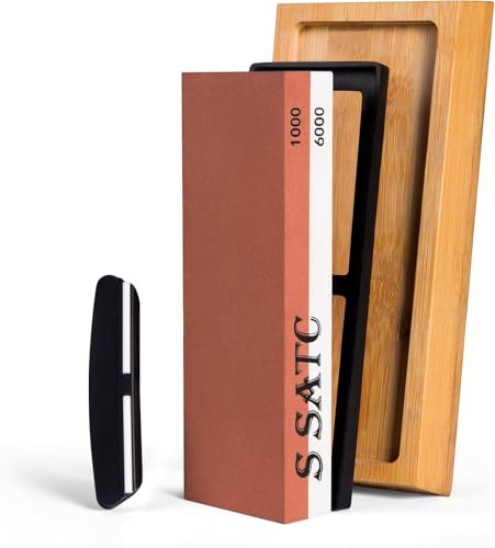 S SATC Schleifstein Messer Körnung 1000/6000 Wetzstein Professionell Schärfstein 4-IN-1 Messerschärfer Abziehstein Sharpening Stone mit Rutschfeste Bambusbasis und Winkelführung