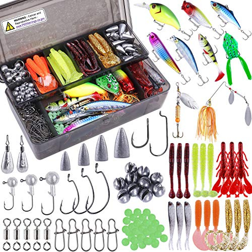 PLUSINNO Angelzubehör Set, Angelkoffer mit 189 Stück Angel Zubehör, Köder | Angelkoffer mit Zubehör für Raubfischen Hecht Zander,mit VIB/Wobbler/Haken/Wirbel/Sinker/Bleistift/Gummiwürmer/Vorfach