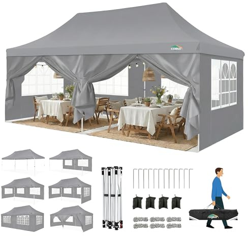 COBIZI Faltpavillon 3X6, Pavillon 3x6m Wasserdicht Stabil Winterfest, Faltbar Partyzelt mit 6 Seitenwänden & 4 Sandsack Pop up Gartenpavillon Anti-UV für Hochzeiten, Freien, Grau