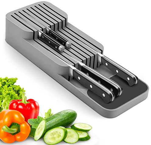 Messerblock Schublade, Zweistufiger Messer Organizer Platz für 9 Messer | Messereinsatz schublade mit Schlitzen, Anti-Rutsch-Pad, für Schubladen oder Arbeitsfläche, Sicher, Kompakt - Grau