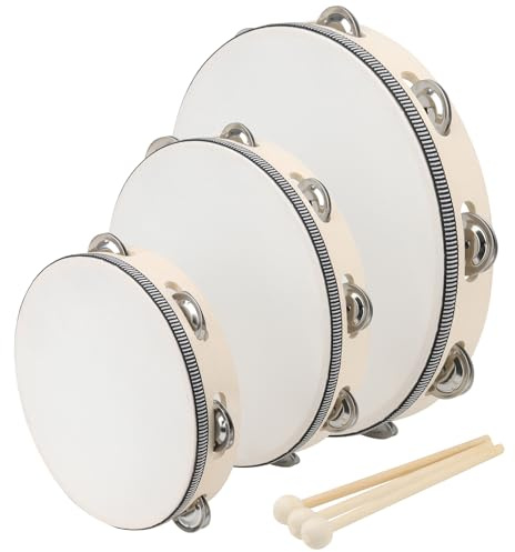 CHUENHEI Holz Tamburin 3er Set, 15cm 20cm 25cm Tambourine Set, Handtrommel Tamburin Trommel, Tambourine Instrument für Party, Musikunterricht Pädagogisches