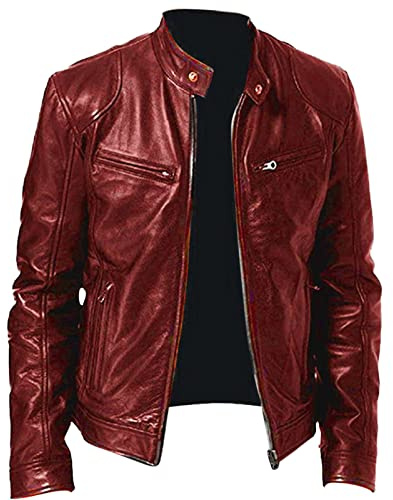 Generisch Ledermantel Herren, Lederjacke Herren Bomberjacke Leather Jacket Bikerjacke Motorrad Jacke Ledermantel Bikerjacke Vintage 50Er Jahre Outfit Kunstlederjacke, Red, XL