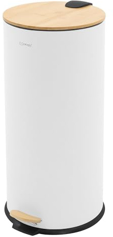 ML-Design Mülleimer Küche 30L, Abfalleimer mit Fußpedal & Softclose, Tretmülleimer mit leise schließendem Bambusdeckel, Küchenmülleimer mit entnehmbarem Inneneimer, Metall-Treteimer aus Stahl, Weiß