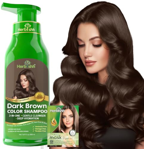 Herbishh Haarfärbeshampoo Dunkelbraun 500 ml – 3 in 1 Haarfarbe Shampoo, Dark Brown Hair Dye Shampoo, Color Shampoo Dunkelbraun, Grauabdeckung, Ammoniakfrei, Für Dunkelbraune Haare Damen & Herren