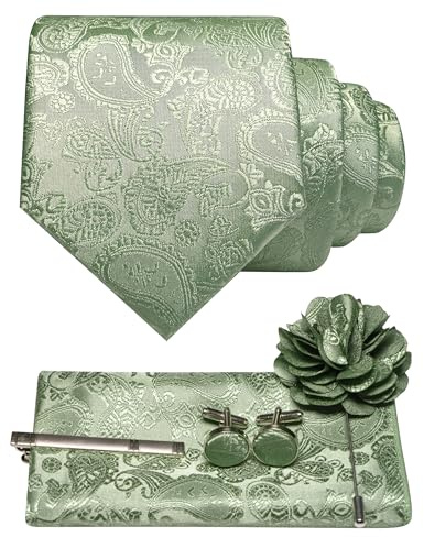 JEMYGINS Herren Paisley Krawatte mit Einstecktuch Krawattenklammer Blumenbrosche und Manschettenknöpfen Set