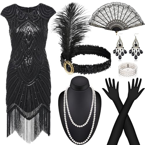 Alintor 20er Jahre Kostüm Damen, Gatsby Kleid Damen mit 20er Jahre Kleid Accessoires, Charleston Kleid 20er Jahre, Flapper Kleid 20er Jahre, Karneval Kostüm Damen, Faschingskostüme