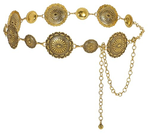 JasGood Damen Concho Taillenkettengürtel Mode Kettengürtel Taillenkette Taillengürtel Verstellbarer Metall Gürtel Gold Damen Western Cowgirl Gürtel für Kleider,Antikgold,110cm