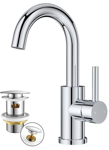 FORIOUS Wasserhahn Bad Hoch mit Ablaufgarnitur,360° Drehbar Edelstahl Waschtischarmatur Hoch mit Warm/Kaltwasser Mischbatterie Einfache Montage für Badezimmer Waschbecken