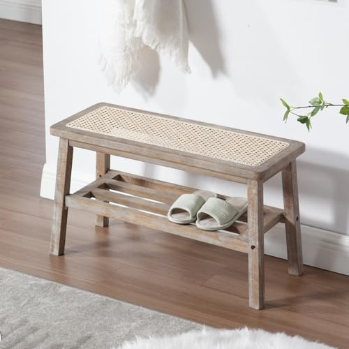 chairus Sitzbank Holz, Rattan Schuhbank Sitztruhe, Schuhregal Beige | Rattanbank 2 Ebenen Holzbank für Flur Wohnzimmer Schlafzimmer, Eingangsbereich Bettbank Massivholzrahmen