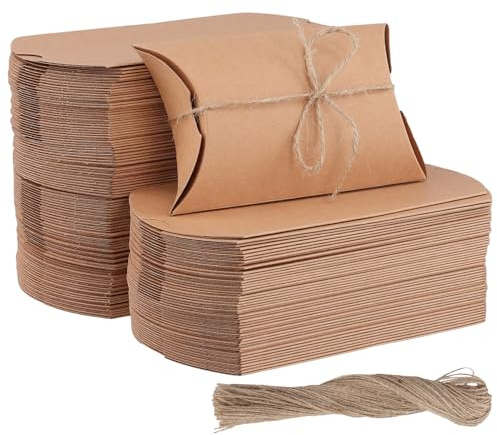 KEILEOHO 150 Stück Kissenschachtel Kraftpapier Braun mit Juteschnur, 13 x 8,8 x 3,5 cm Kleine Kissen Geschenkboxen für Hochzeit, Geburtstag, Festival, Party