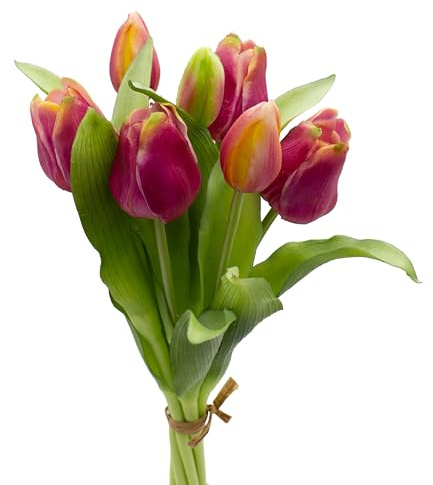 mucplants künstliche Tulpen Tulpenbündel mit 4 Tulpen und 3 Tulpenknospen real Touch (Gelb/Mauve)
