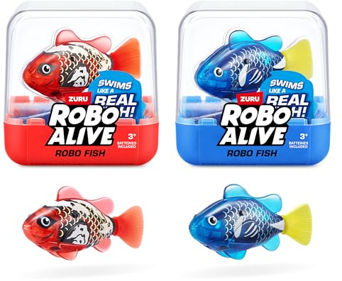 ROBO ALIVE Robo Fish Series 3 Roboter-Fisch, 2er Pack, Blau und Rot, schwimmt in mehrere Richtungen, batteriebetrieben, Spielzeugfisch, Poolspielzeug