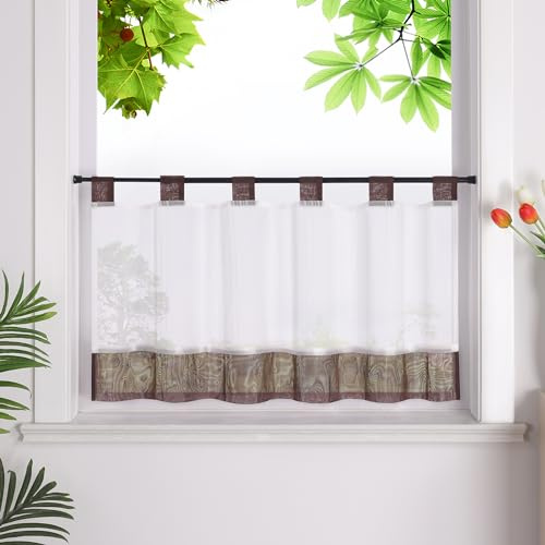 HeichkelL Scheibengardine, Leinenoptik Gardine, Braun HxB 45x90 cm | Küchengardine mit Schlaufen, Halbtransparent Bistrogardine, Landhausstil Kurzstores
