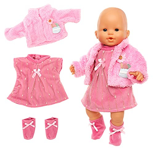 Miunana Kleidung Bekleidung Outfits für Baby Puppen, Puppenkleidung 35-43 cm, 3 teilig, Kleid Mantel Socke