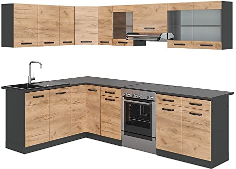 Vicco Eckküche Rick, Goldkraft Eiche/Anthrazit, 270 x 60 cm, AP Schwarz, mit variabel kombinierbaren Modulen und höhenverstellbaren Füßen