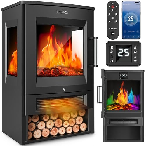 TRESKO® Elektrokamin mit Heizung inkl. Fernbedienung & Smart Home WiFi App | Kamin elektrisch 1800W LED-Flammeneffekt Farbmodi | Kaminfeuer Thermostat, Timer | Elektro Kaminofen Standkamin 2 Heizstufen