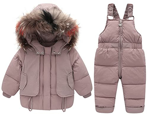 LCIGIA Jungen Skianzug Kinder Schneeanzug mit Pelzkragen Kapuze Mädchen Zweiteiliges Bekleidungssets Skijacke + Skihose Verdickte Winterjacke Daunenjacke Daunen Hose, Rosa, 104-110
