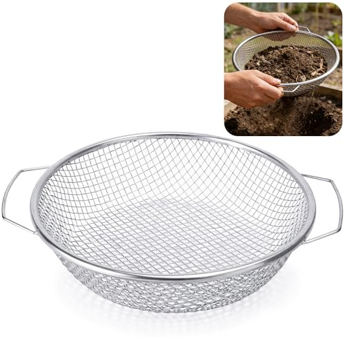 GIONAR 30CM Gartensieb-Edelstahl Erdsieb mit Griff | Metall Rundsieb Kompostsieb für Sand,Saatgut, Erde, Kompost, Steine, Unkraut, Schotter（6mm Masche）