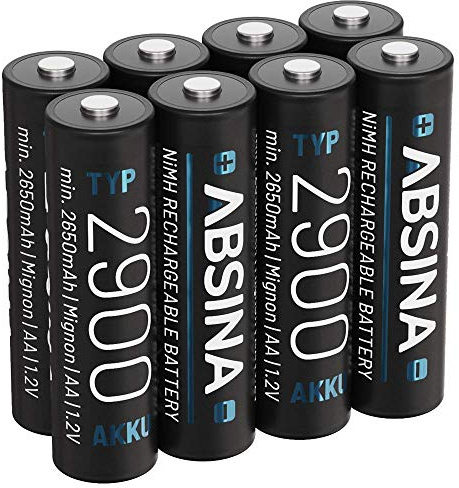 ABSINA Akku AA wiederaufladbar 2900 8er Pack - NiMH AA Akku mit 1,2V & min. 2650mAh - Aufladbare Batterien AA für Geräte mit hohem Stromverbrauch - Akkus AA für Blitzgerät, Wii & Xbox Controller