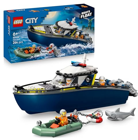 LEGO City Verfolgungsjagd im Polizeiboot – Spielset mit schwimmfähigem Schnellboot, Schlauchboot des Ganoven, 3 Mini-Figuren und Einer Haifigur – Geschenk für Jungen und Mädchen ab 6 Jahren – 60456