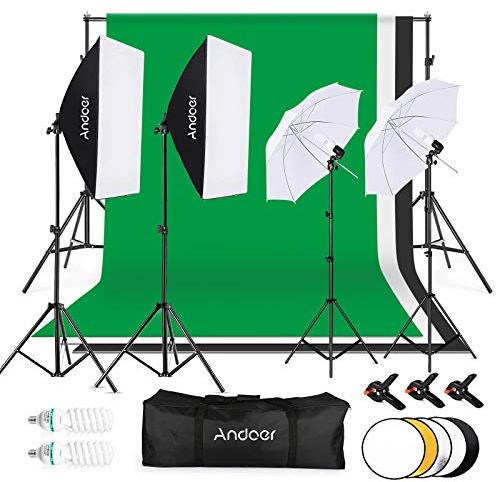 Andoer Fotostudio Set, 1.8M x 2.7M Hintergrund Stützsystem (Grün Schwarz Weiß) mit Softbox, Dauerlicht, Weißer Soft Light Umbrella, Reflektor für Porträts, Produktfotografie und Videoaufnahme
