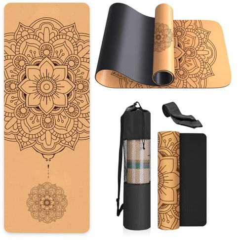 Haninj® Yogamatte-Kork, Rutschfest, Einzigartiges Design, Extradick Natürlicher Kork, TPE Fitness-Trainingsmatte mit Tragetasche und Gurt, für Zuhause, Pilates, Aerobic Fitnessstudio und Workout