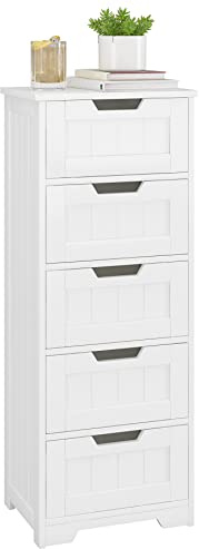 FOREHILL Badezimmerschrank mit 5 Schubladen, 102 cm hoch Badschrank schmal | kleine Kommode 40 cm breit, Schubladenschrank Sideboard für Badezimmer, Flur, Wohnzimmer, platzsparend, 40x30x102cm, Weiß
