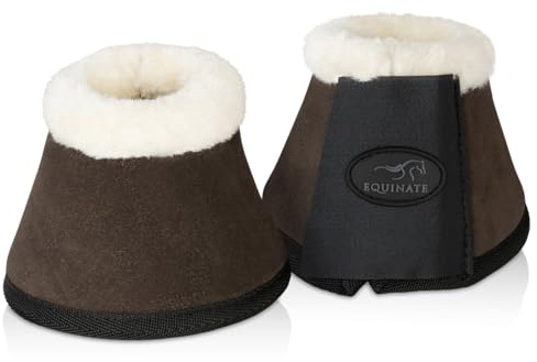 Equinate Hufglocken Sunville mit Wildleder überzogen und synthetischem Lammfell XL Braun - Robuste und stoßdämpfende Springglocken - Hufschutz für Training und Turniere - 2er Set