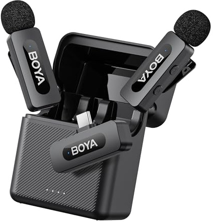 BOYA BY-V30 Mini Mikrofon Handy Kabellos, 100m Reichweite, 2 Pack USB C Wireless Lavalier Mikrofone für Podcast Live Stream Tiktok Vlog Video Aufnahme