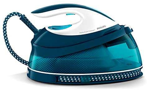 Philips Domestic Appliances Perfect Care Compact Dampfbügelstation - OptimalTemp Technologie, 120 g/min Dauerdampf, 2400 Watt, 6,5 bar Druck, 1,5 L Wassertank, SteamGlide Bügelsohle, Blau (GC7844/20)