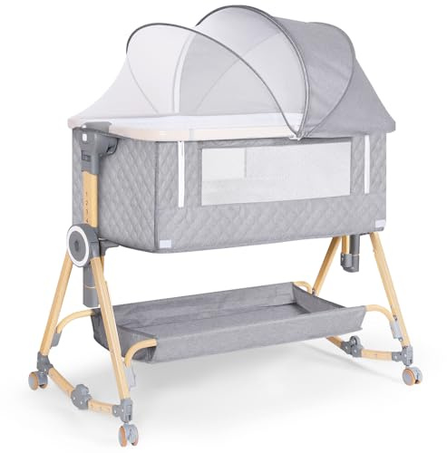 HOLAVIDA 5 in 1 Beistellbett Baby, Höhenverstellbare Babywiege, Stubenwagen Baby mit Wickeltisch, Aufbewahrungskorb, Moskitonetz, Matratze, Tragbar Reisebett für Neugeborene/Kleinkinder (Grau)