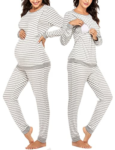 Ekouaer Stillpyjama Damen Langarm Rundhals Schlafanzug S-XXL | Warmes Winter-Pyjama-Set mit O-Ausschnitt, weich und bequem, ideal für Krankenhaus, Schwangerschaft und Stillzeit