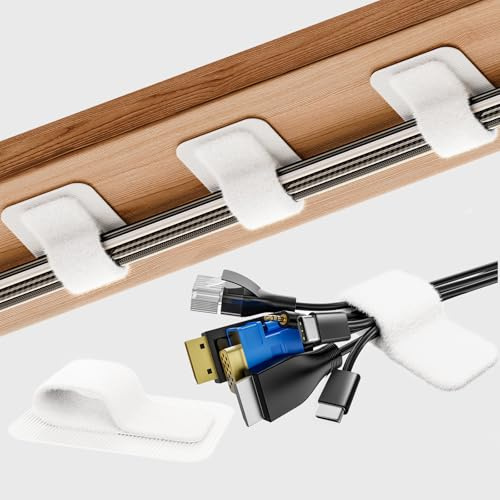 Kabelmanagement unter dem Schreibtisch, 【Haltert 15 Kabel】【Ultra-Haftung】 Kabelhalter Selbstklebend, Verstellbarer Langer Kabelbinder, Wiederverwendbarer Kabelclip-Versteck, 20 Paar, Weiß