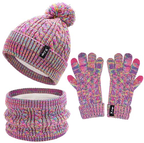 ZASFOU Kinder Mütze Loop Schal Touchscreen Handschuhe Set 3-6-12 Jahre Thermo Wintermütze Schlauchschal Fäustlinge Kleinkinder Strick Pom Mützen Geschenk für Mädchen Jungen