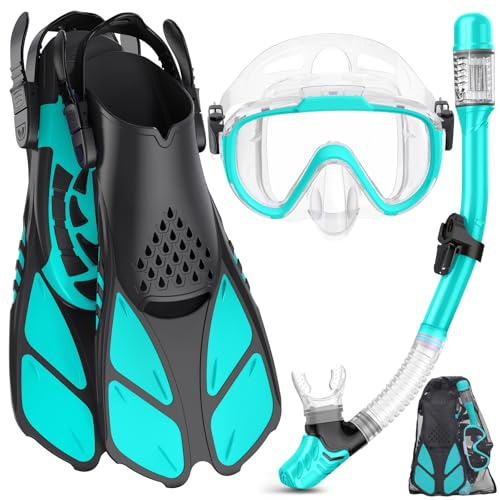 Ubekezele Schnorchelausrüstung für Erwachsene, Herren und Damen, 4-in-1-Schnorchel-Set mit Panoramablick, Anti-Beschlag, Anti-Leck, Trocken-Top-Schnorchel, Flossen und Reisetasche zum Schwimmen,