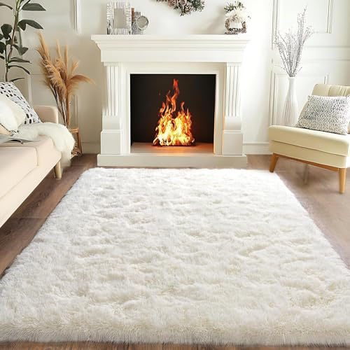 BSGIFT Teppich Creme 120x160 Flauschiger Hochflor Teppich Wohnzimmer, Modern Shaggy Langflor Wohnzimmerteppich Bettvorleger High-Pile Carpet rutschfest für Schlafzimmer Kinderzimmer