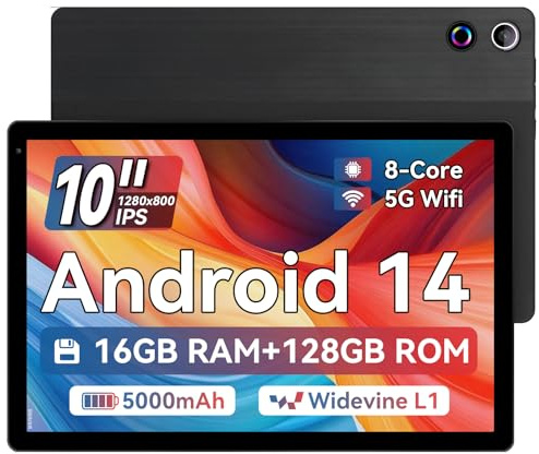 Ainmel Tablet 10 Zoll, Android Tablet, Octa-Core, 16GB RAM 128GB ROM 1TB TF, 1280x800 IPS, 5G WiFi 6, Bluetooth 5.0, 5000mAh, 5MP+8MP, Widevine L1 Game Tablet PC Pad, Schwarz