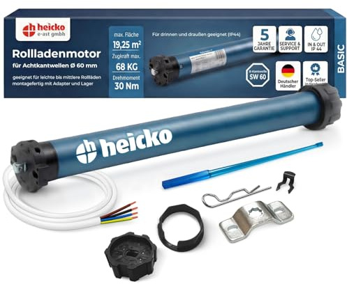 heicko Rollladenmotor | 30 Nm für SW60 Achtkantwelle | 68kg Zugkraft | Ohne Funk | Mechanische Endschalter | Leiser Rohrmotor | Wartungsfrei | IP44 Schutz für Innen und Außen