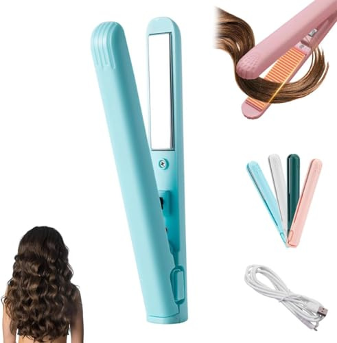 Tragbarer USB Lockenstab, Mini Lockenstab, Mit Heißschutzgehäuse, Tragbarer Reise Haarglätter Für Alle Haartypen,Haarglätter Für Kurze Haare (Blau) (Blau)