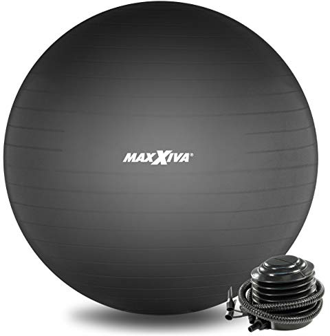 MAXXIVA® Gymnastikball Anti-Burst mit Luftpumpe bis 250 kg hautfreundlicher Sitzball Reha Hometraining Balanceball Yoga Pilates Sport Fitnessball (65 cm, Schwarz)