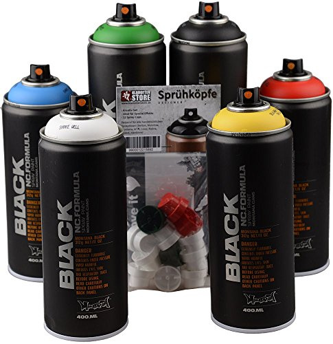Montana Sprühdosen Set Black Graffiti Street Art Grundfarben + schwarz & weiss + Ersatzsprühköpfe
